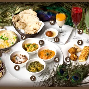 VEGETARIAN TASTING MENU: 1) Lemon Mustard Paneer Tikka 2) Pakoras 3) Mini Samosas 4) Tamarind Eggplant 5) Sukhi Gobi