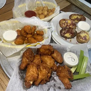 Naked wings, pepper Jack bites, spicy cauliflower bites &amp; potato skins