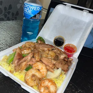 Teriyaki chicken bowl with fried rice and shrimp