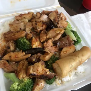 Spicy chicken bowl and egg roll