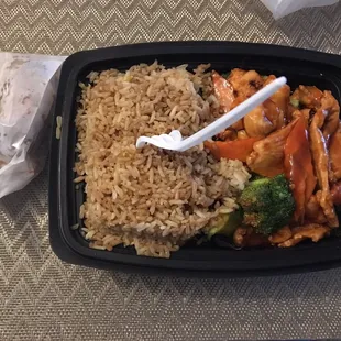 Dinner combo of chicken and veggies(just ok) and fried rice(poor). Small size for $10.