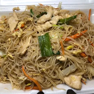 chicken and noodles in a styrofoam container