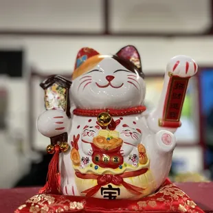 a white cat holding a scroll