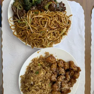 This is the lunch specials beef broccoli with chow mein and sesame chicken with fried rice. Both dishes are an extra $2 but well worth it.