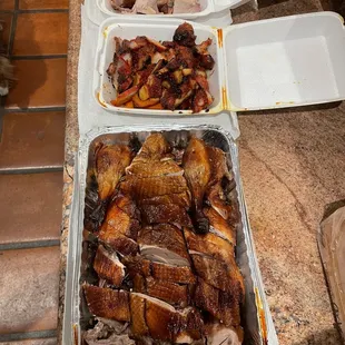 Roasted duck, crispy pork and BBQ pork