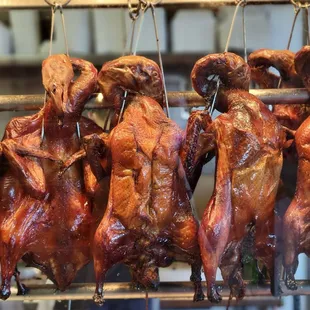 chicken hanging from a rack