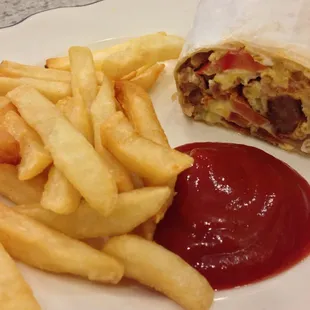 Dyker omelette in a blanket w fries.  This breakfast burrito was so good.