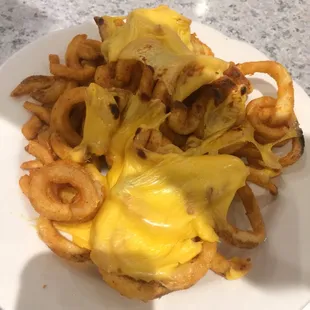 Curly cheese fries. Fries were good MINUS the cheese. Cheese hardened up when it cooled. Just get the regular curly fries!