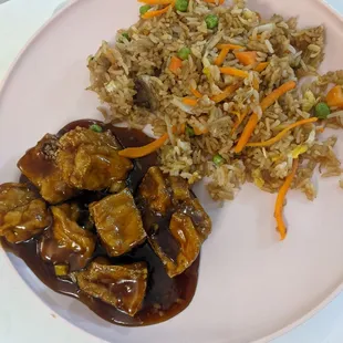 (Out of the takeout container) sesame tofu and veg fried rice
