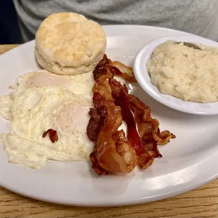 Sunrise Sampler with eggs, bacon, grits &amp; biscuit