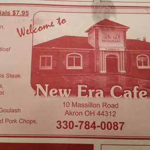 Menu showing specials