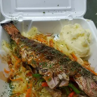 a fish in a styrofoam container