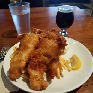 Way too much and greasy fish and chips.  Beer was good.