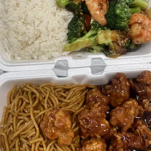 shrimp &amp; broccoli and orange chicken w/ noodles