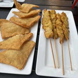Crab Rangoons and chicken skewers