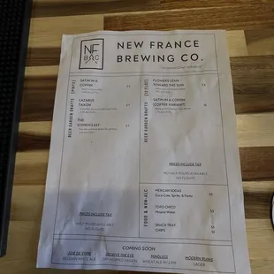 Menu of beers