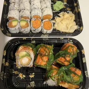 Top to bottom: salmon avocado roll, spicy tuna roll, green river roll