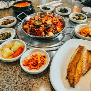 Our spread: spicy soft tofu soup, fried baby octopus, and fried mackerel