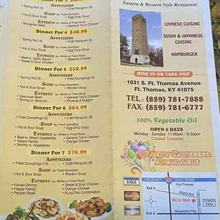 Business info on first menu page, and dinner specials.
