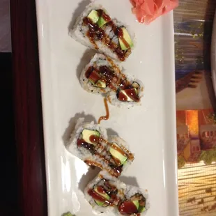 Avocado Eel Roll, good eel sauce on top!