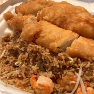 So good!  Almond bones chicken. Sauce on side upgraded to shrimp fried rice