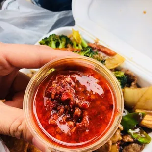 Chili oil, .50 cents, but not spicy at all..