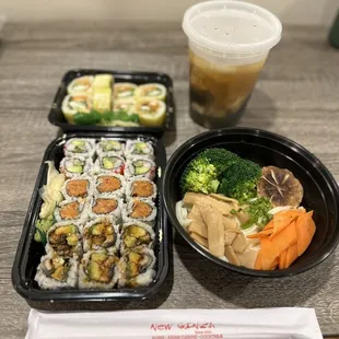 sushi, broccoli, and carrots