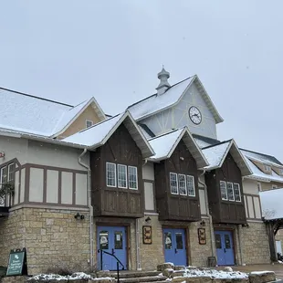 View of the brewery from the parking lot. Blue doors are the beer depot where you can go and buy cases of their beer.
