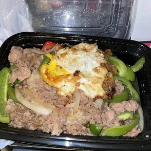 Basil Ka-Pow Over Rice with Fried Egg on Top