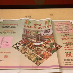 the menu for the new grand buffet