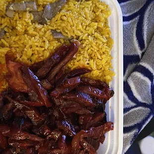 Boneless beef tips and rice