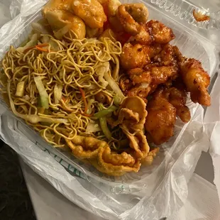 Sweet and sour pork, vegetable lo mein, Crab Puffs and orange chicken. This is what was left after I ate until I was full