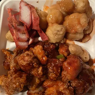 General Tsos, sweet sour pork and bbq pork, delicious per usual here
