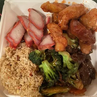 Pork Fried Rice, bbq pork, broccoli beef, orange chicken ... yumm