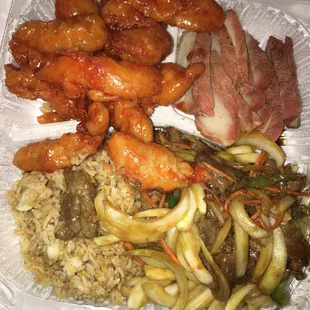 Mongolian Beef, Orange Chicken, BBQ Pork, BBQ Pork Fried Rice.