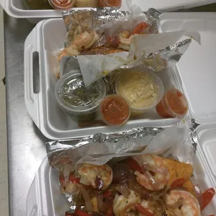 a variety of seafood dishes