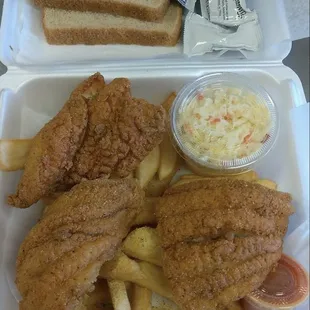 fried fish and fries in a styrofoam container