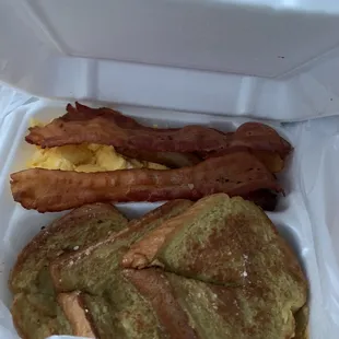 French toast eggs and bacon.