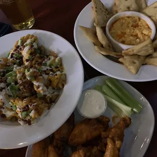 Loaded fries, cedar chicken wings, Buffalo chicken dip
