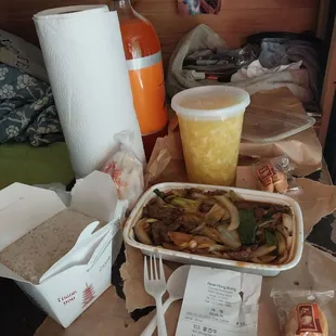 Mongolian beef,white jasmine rice,egg drop soup,wonton noodle, and fortune cookie.