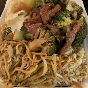 Half and half with mixed veggies and broccoli beef.