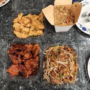Salt and pepper fish fillet, BBQ fried rice, Peking spare ribs, dry braise beef chow fun