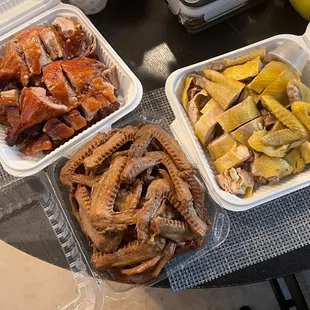 Roasted duck $23.99, duck wings/feet $6, steamed farm fresh chicken $21.99