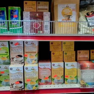 a shelf full of teas