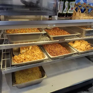 a display case filled with food