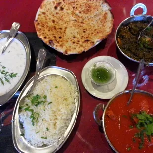 Shrimp Saag, Lamb Vindaloo, Pasha Naan, Raita, Rice, Mint Chutney