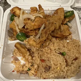 Salt and pepper pork with fried rice.