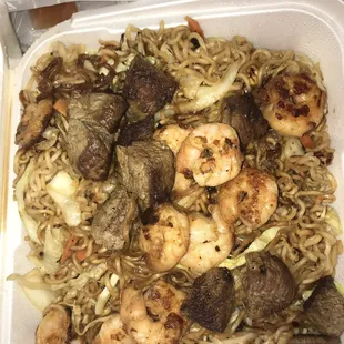 Steak and Shrimp Soba noodles with cabbage and carrots were soo good! Was $8.99, now $9.99. Enough for two