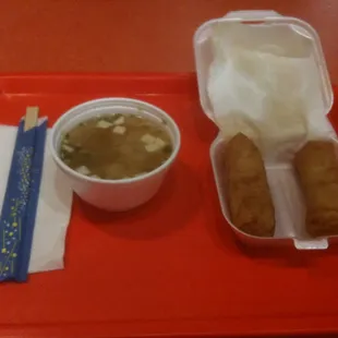 Soggy spring rolls and powered miso soup.  Look at all that oil on the napkin on the spring rolls.