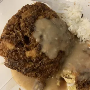 Chicken Egg Foo Young w/Gravy and rice